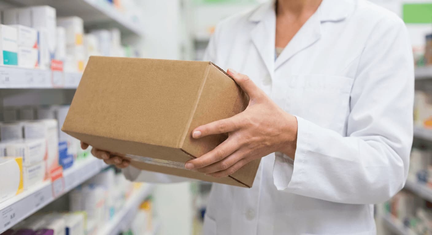A pharmacist handing a discreetly packaged order to a customer